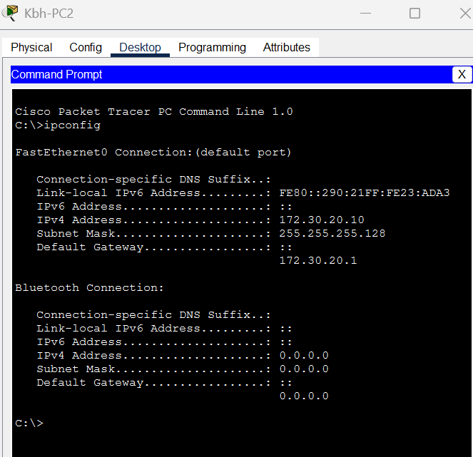 Kommandoprompt ipconfig på København PC2 viser IPv4-adresse 172.30.20.10