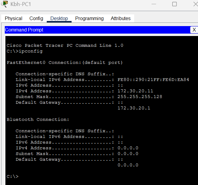 Kommandoprompt ipconfig viser IPv4-adresse 172.30.20.11 og subnetmaske 255.255.255.128