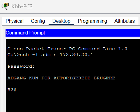 SSH login fra København PC3 til 172.30.20.1